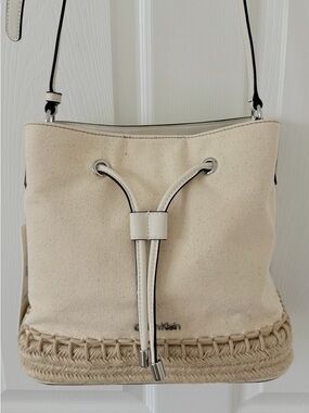 Calvin Klein Gabrianna Cream Canvas Bucket Shoulder Bag with Rope Trim